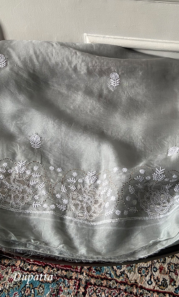 Mainaaj Women's Lakhnavi Handcrafted Pure Organza Chikankari Unstitched Kurta And Dupatta Set- HONC0256615