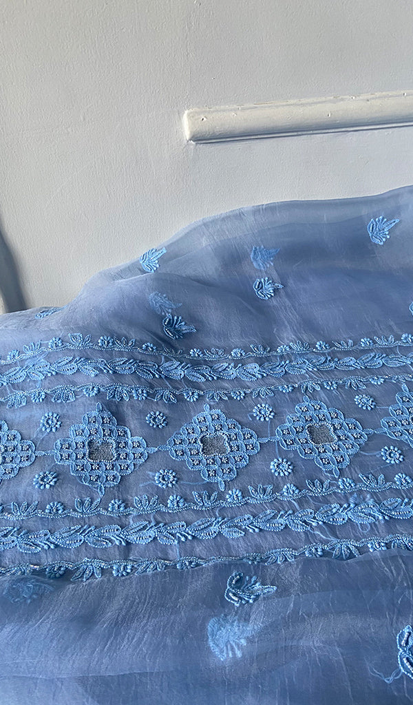 Women's Lakhnavi Handcrafted Pure Organza Chikankari Unstitched Kurta And Dupatta Set- HONC0324986