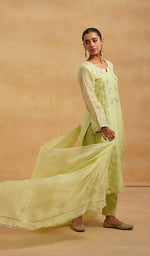 将图像加载到图库查看器中， Women's Lucknowi Handcrafted Pure Organza Silk Stitched Chikankari Kurta, Dupatta With Pant Set- HONC06548565