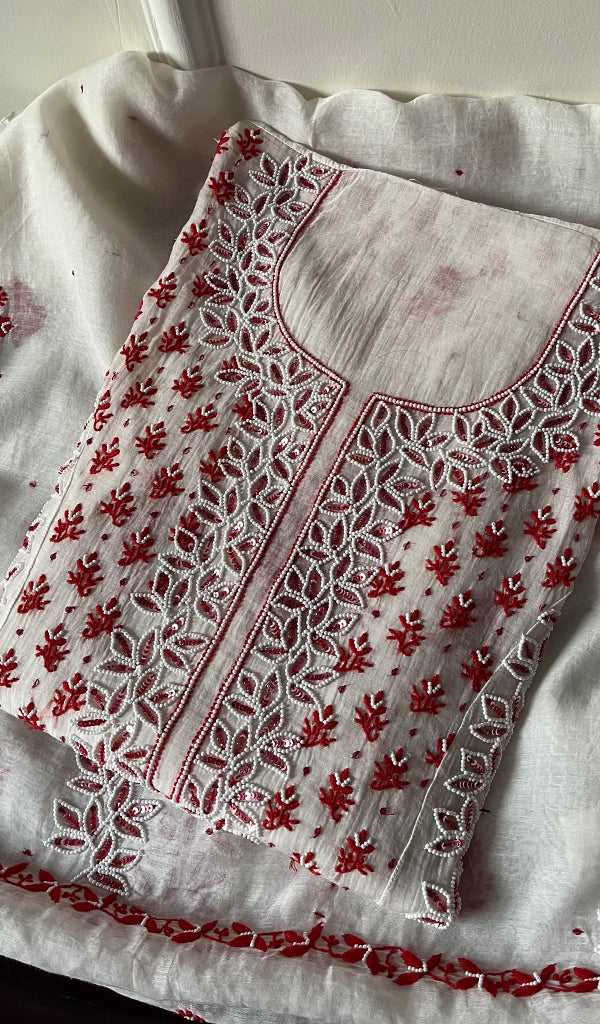 Saziya Women's Lakhnavi Handcrafted Mul Chanderi Semi - Stitched Kurta And Dupatta Set - HONC0270726
