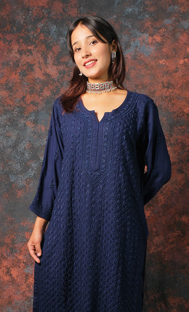 Women's Lucknowi Handcrafted Modal Cotton Chikankari Kurti - HONC0327123