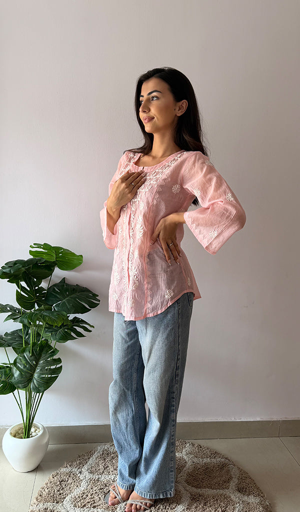 Vaanya Women's Lakhnavi Handcrafted Mul Chanderi Chikankari Top - HONC03345789