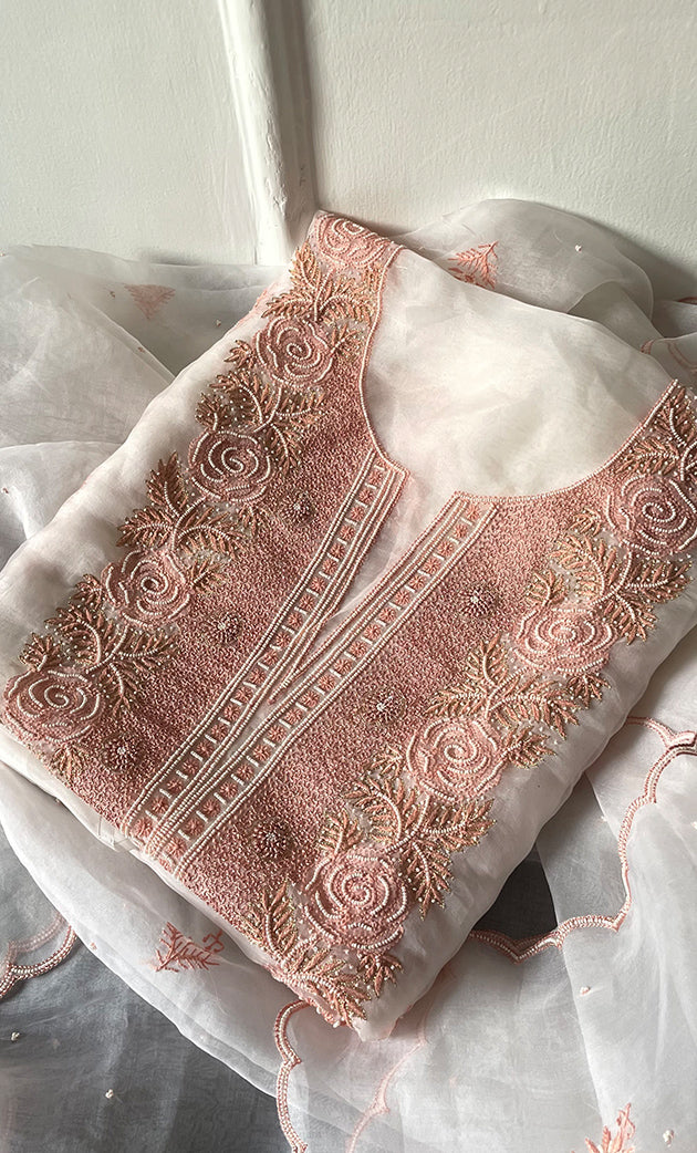 Mehnaj Women's Lakhnavi Handcrafted Pure Organza Chikankari Unstitched Kurta And Dupatta Set- HONC0316460