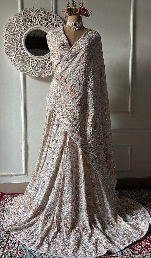 Women's Lakhnavi Handcrafted Bridal Pure Silk Georgette Chikankari Lehenga Set - HONC0263727