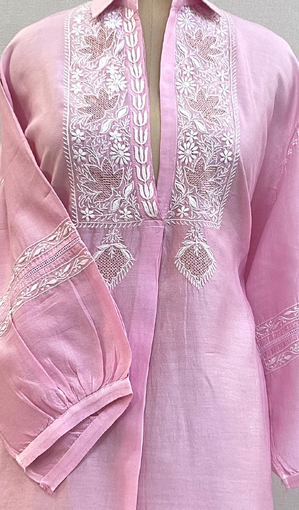 Fiza  Women's Lakhnavi Handcrafted Chanderi Silk Semi- Stitched Chikankari Top - HONC0195169