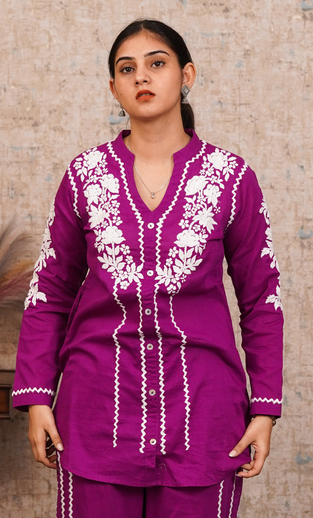 khayal Women's Lakhnavi Handcrafted Cotton Chikankari Kurti And Plazzo Set - HONC0323928
