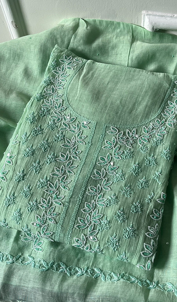 Saziya Women's Lakhnavi Handcrafted Mul Chanderi Semi - Stitched Kurta And Dupatta Set - HONC0253605
