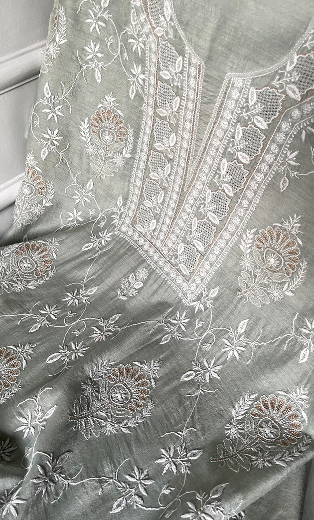 Women's Lakhnavi Handcrafted Munga Silk Chikankari Unstitched Kurti Fabric - HONC0316123