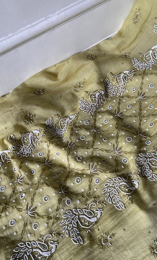 Women's Lakhnavi Handcrafted Mul Chanderi Unstitched Chikankari Full Suit Material - HONC0339571