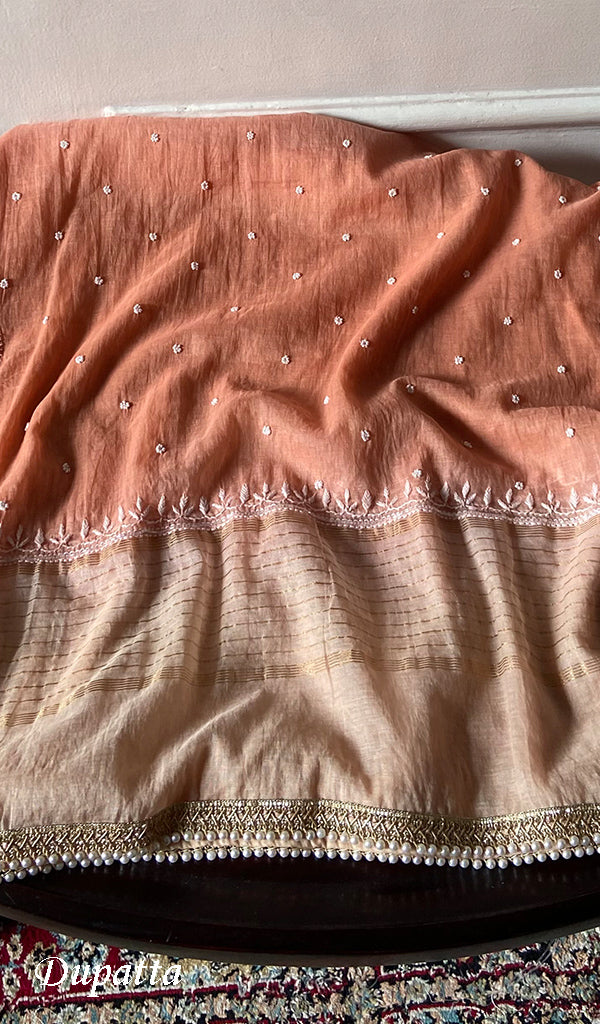 Orange Mul Chanderi Chikankari 2 Pc Unstitched Suit Set