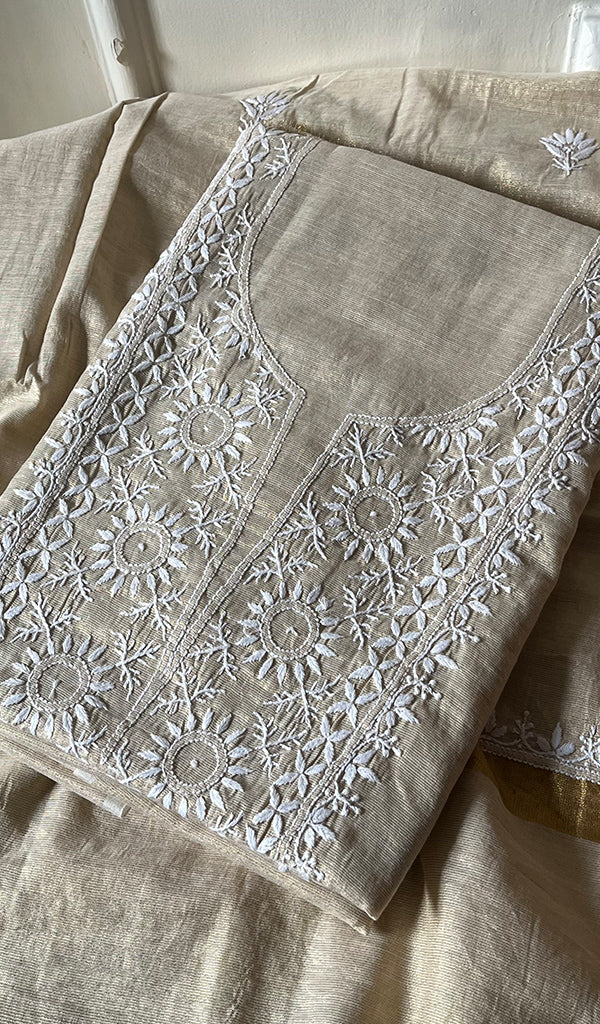 Women's Lucknowi Handcrafted Tissue Chanderi Chikankari Kurta And Dupatta Set - HONC0242482