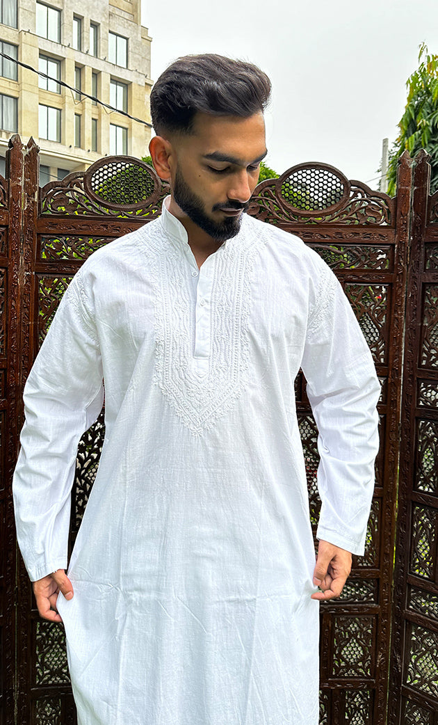 Men's Lucknowi Handcrafted Cotton Chikankari Kurta - HONC0315299