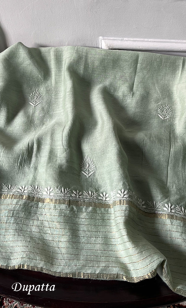 Women's Lakhnavi Handcrafted Unstitched Munga Silk Chikankari Kurta And Dupatta Set- HONC0274528