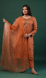 将图像加载到图库查看器中， Lucknowi 手工制作纯欧根纱丝缝 Chikankari Kurta、Dupatt 连裤套装 - HONC0103360