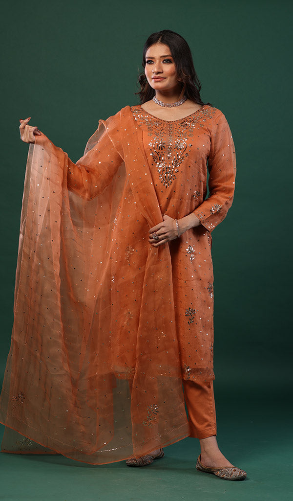 Women's Lucknowi Handcrafted Pure Organza Silk Stitched Chikankari Kurta, Dupatta  With Pant Set- HONC0103360
