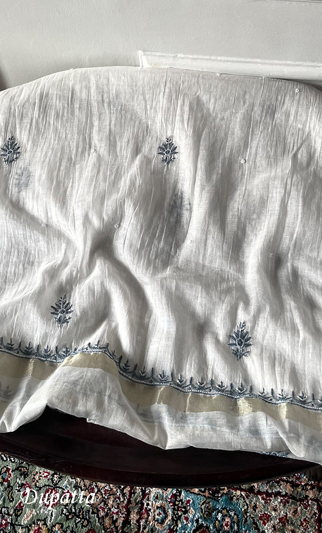 Women's Lakhnavi Handcrafted Unstitched Mul Chanderi Kurta And Dupatta Set - HONC03274830