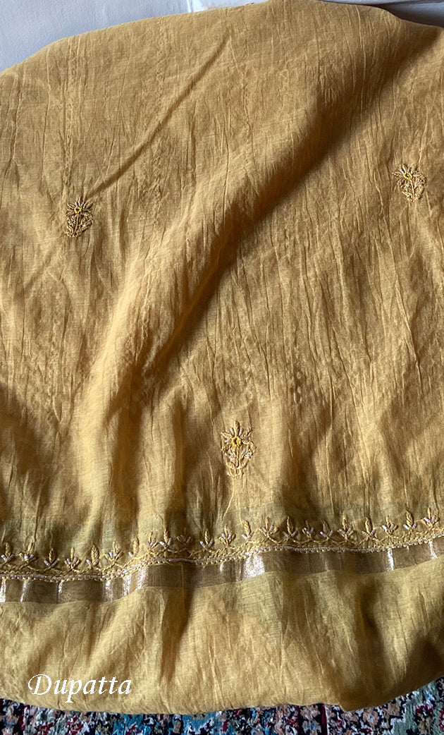 Women's Lakhnavi Handcrafted Mul Chanderi Unstitched Chikankari Full Suit Material - HONC0328113