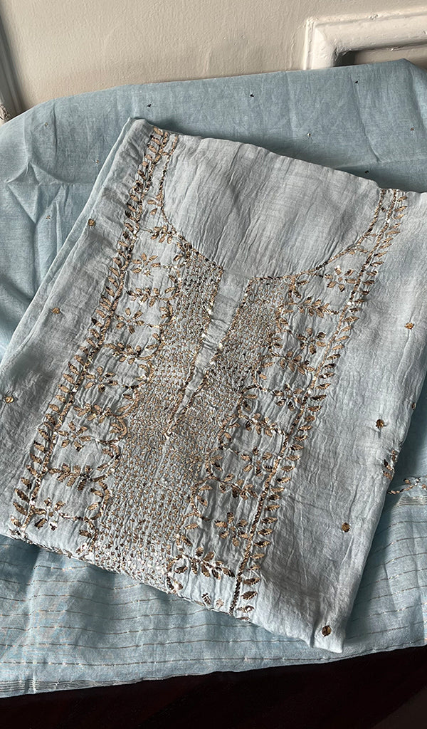 Women's Lakhnavi Handcrafted Mul Chanderi Chikankari Semi - Stitched Kurta Dupatta Set - HONC0249290