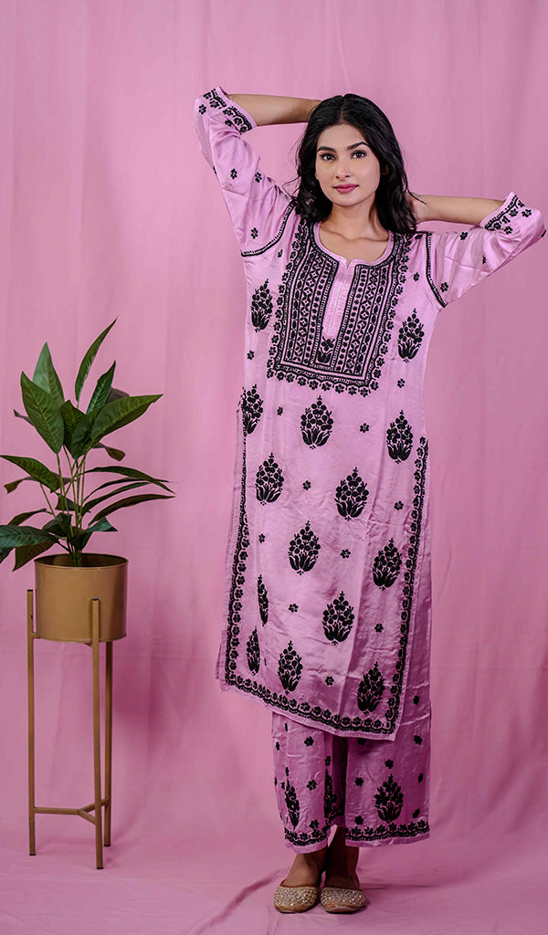 Women's Lakhnavi Handcrafted Modal Cotton Chikankari Kurta And Palazzo Set - HONC0205177