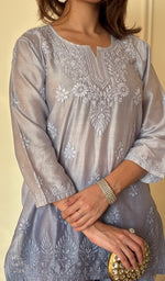Anika Women's Lucknowi Handcrafted Chanderi Silk Chikankari Top with Farshi Salwar Set .