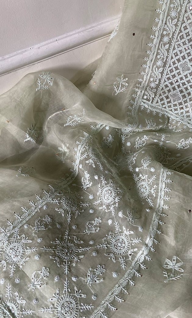 Women's Lakhnavi Handcrafted Pure Organza Chikankari Unstitched Kurta And Dupatta Set- HONC0266928