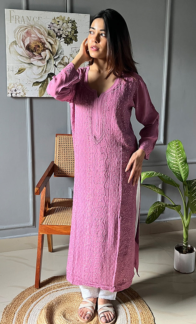 Women's Lakhnavi Handcrafted Viscose Georgette Chikankari Kurti- HONC0282699