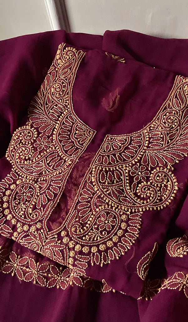 Alia Women's Lakhnavi Handcrafted Faux-Georgette Chikankari Semi-Stiched Suit Material - HONC0239597