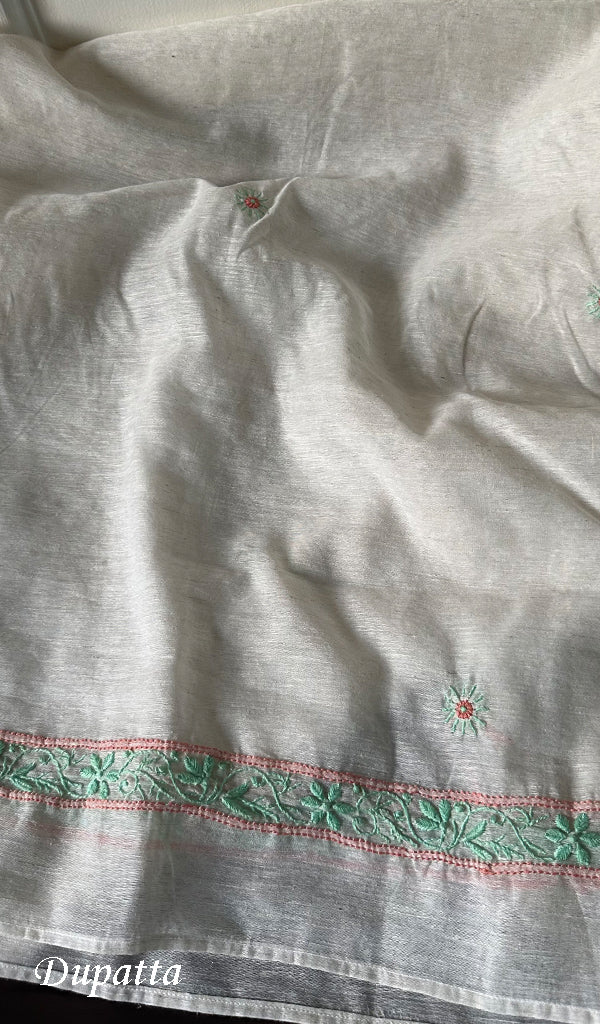 Women's Lakhnavi Handcrafted Linen Cotton Semi -Stitched Kurta And Dupatta Set - HONC0269956