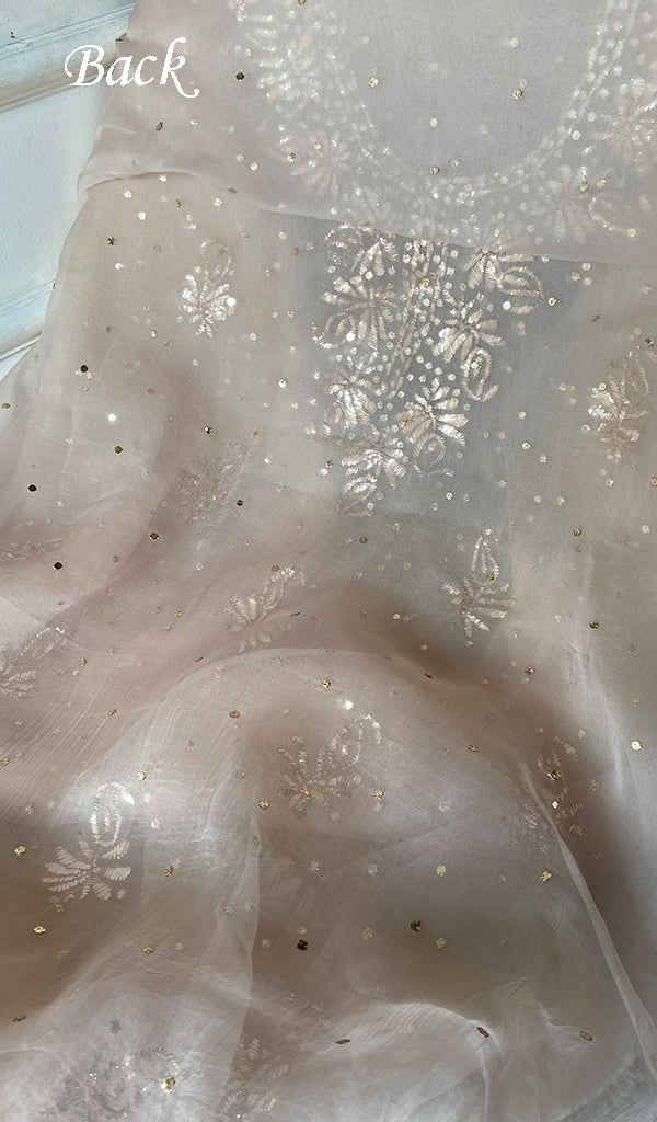 Women's Lakhnavi Handcrafted Pure Organza Chikankari Unstitched Kurta And Dupatta Set- HONC0362254