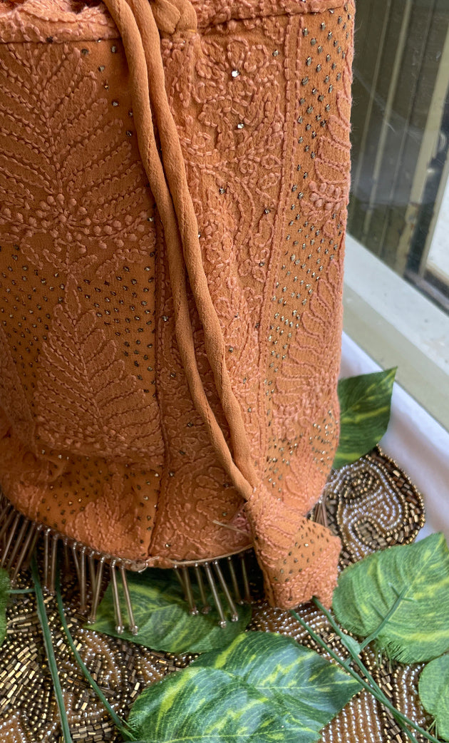 Handcrafted Mustard Chikankari Potli Bag with Mukaish work - HONC060107