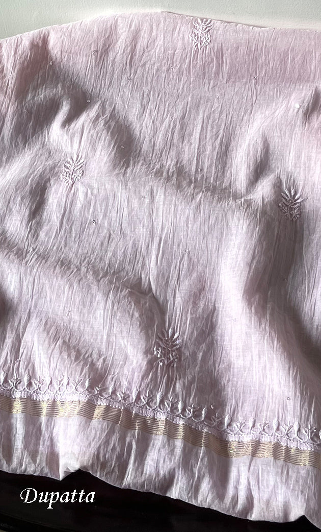 Women's Lakhnavi Handcrafted Mul Chanderi Semi - stitched Chikankari Full Suit Material - HONC0319559