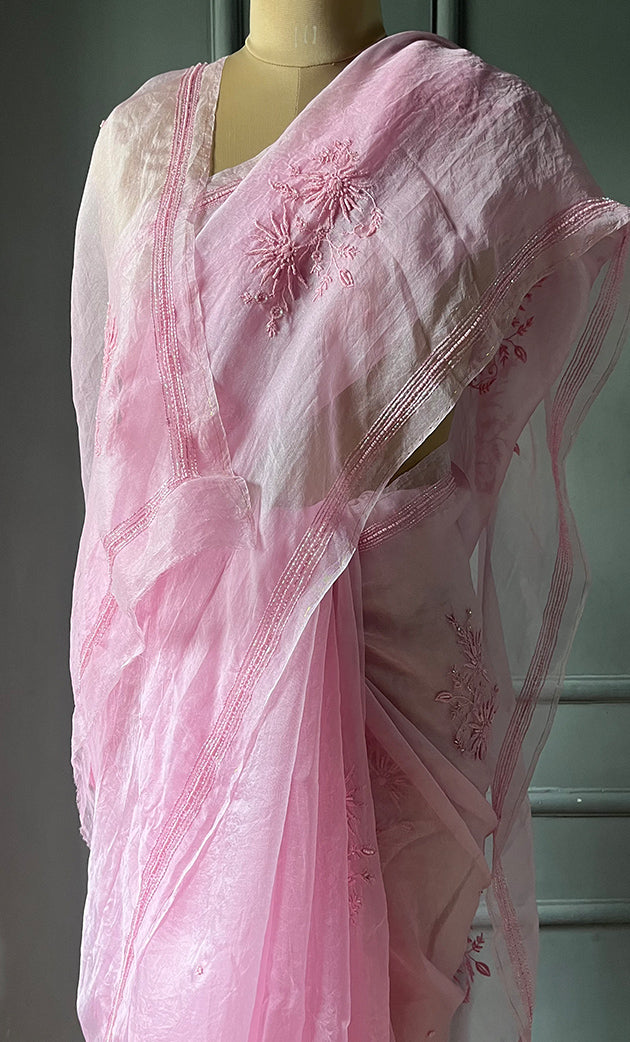 Women's Lucknowi Handcrafted Pure Organza Silk Chikankari Saree - HONC02283189