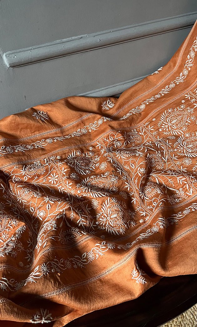 Women's Lakhnavi Handcrafted Chanderi Silk  Semi - Stitched Kurta And Dupatta Set - HONC0284758