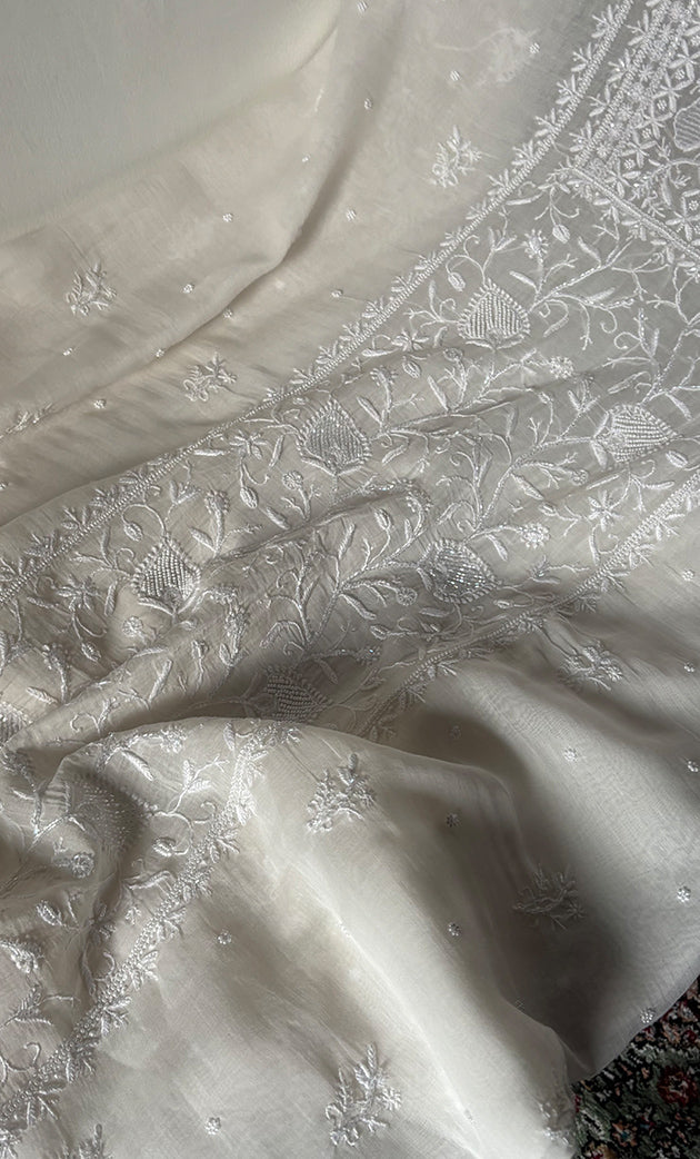 Women's Lakhnavi Handcrafted Unstitched Mul Chanderi Kurta And Dupatta Set - HONC0327485