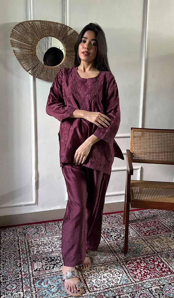Women's Lakhnavi Handcrafted Chanderi Silk Chikankari Top And Pant Set - HONC0358278
