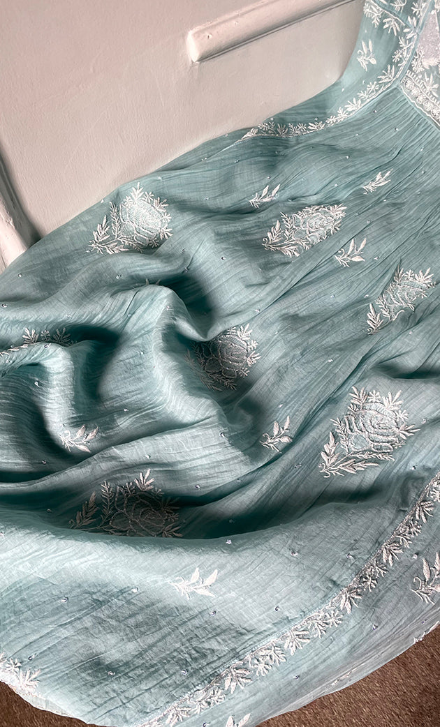 Women's Lakhnavi Handcrafted Mul Chanderi Semi - stitched Chikankari Full Suit Material - HONC0323621