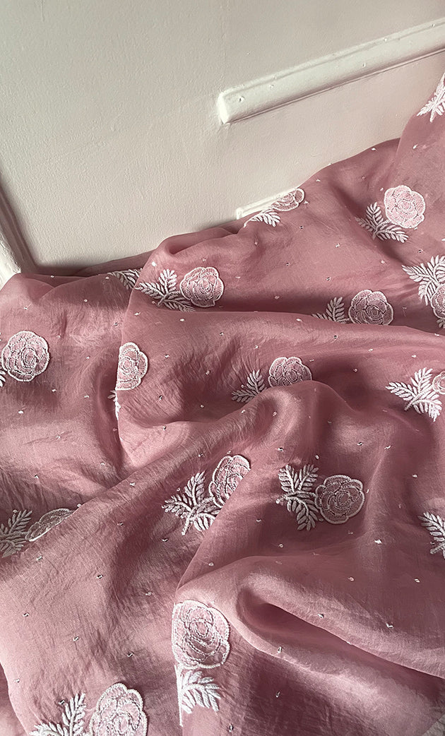 Women's Lakhnavi Handcrafted Pure Organza Chikankari Unstitched Kurta And Dupatta Set- HONC0292518