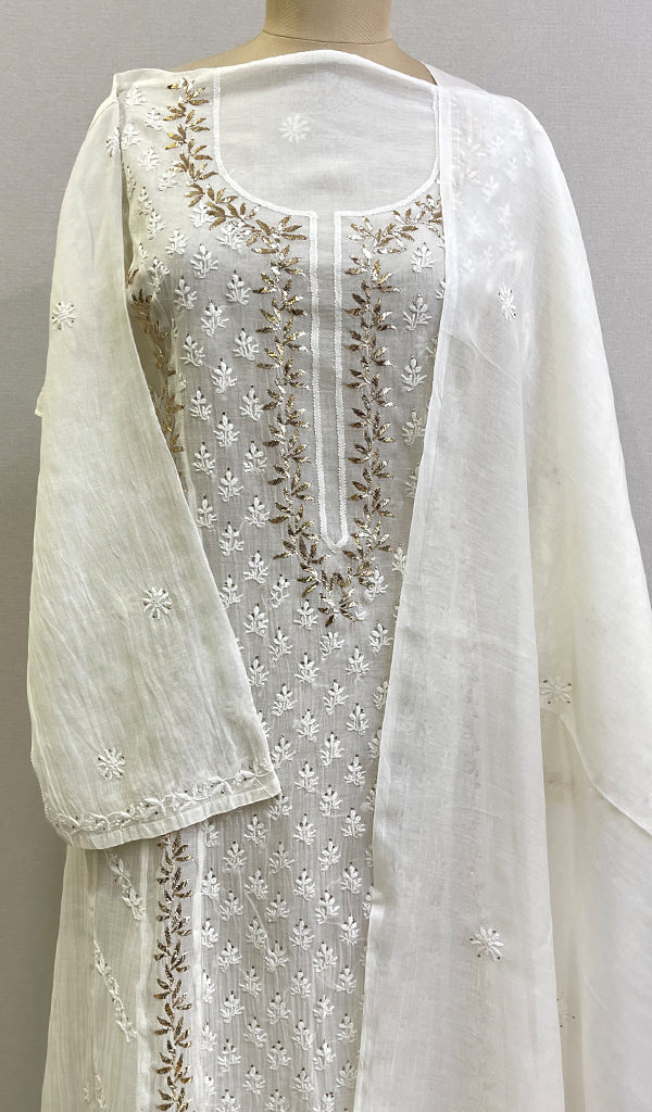 Women's Lakhnavi Handcrafted Mul Chanderi Chikankari Kurta Dupatta Set- HONC0179012