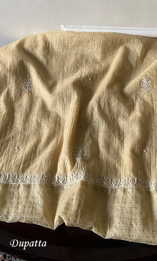 Women's Lakhnavi Handcrafted Mul Chanderi Unstitched Chikankari Full Suit Material - HONC0328321
