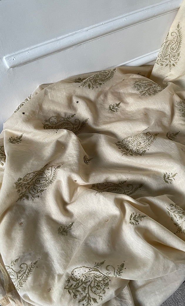 Women's Lakhnavi Handcrafted Mul Chanderi Unstitched Chikankari Full Suit Material - HONC0282287