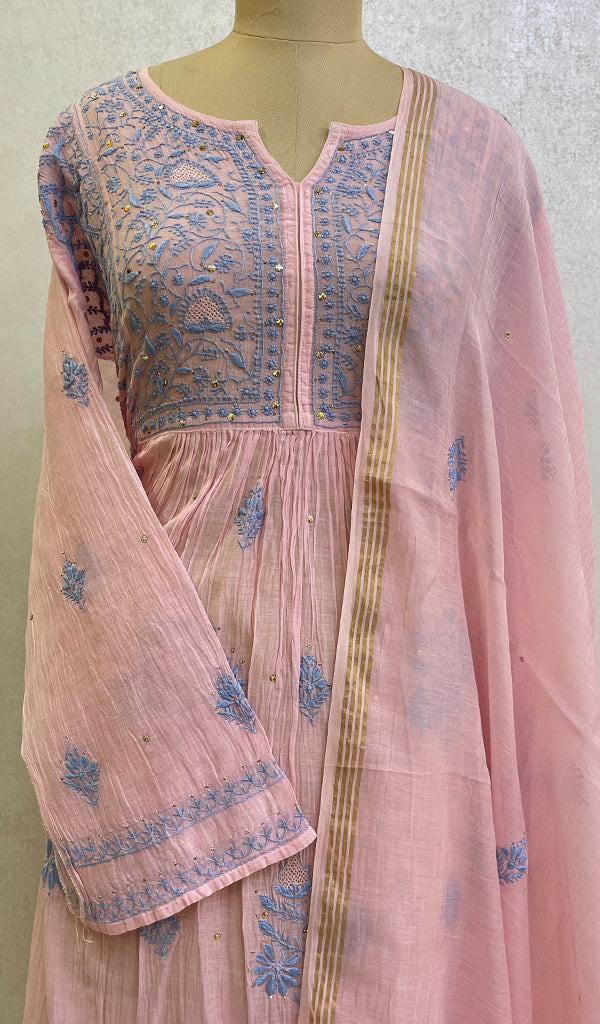 Women's Lakhnavi Handcrafted Mul Chanderi Chikankari Kurta, Dupatta And  Pant Set - Honc080243