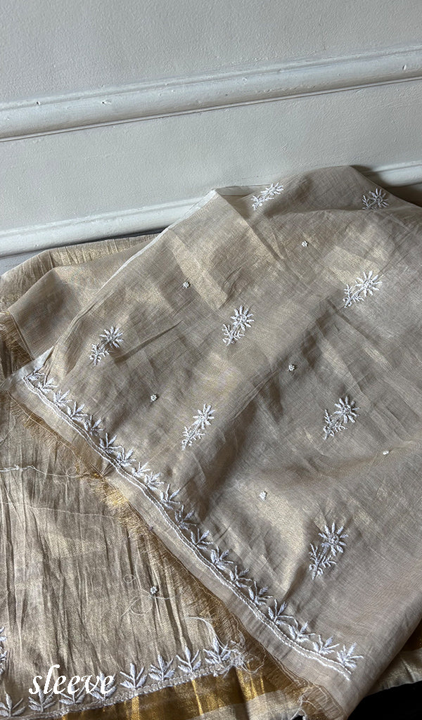 Women's Lakhnavi Handcrafted Tissue Chanderi Unstitched Chikankari Kurta And Dupatta Set - HONC0347897