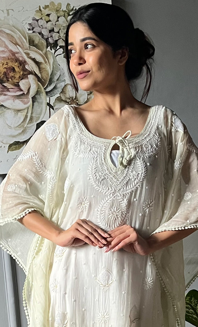 Rabia Women's Lucknowi Handcrafted Mul chanderi Chikankari Kaftan - HONC0304365