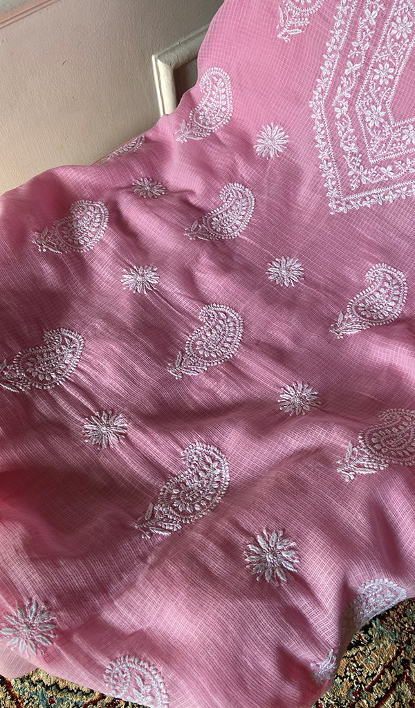 Women's Lucknowi Handcrafted Kota Cotton Chikankari Unstitched Kurta And Dupatta Set - HONC0340102