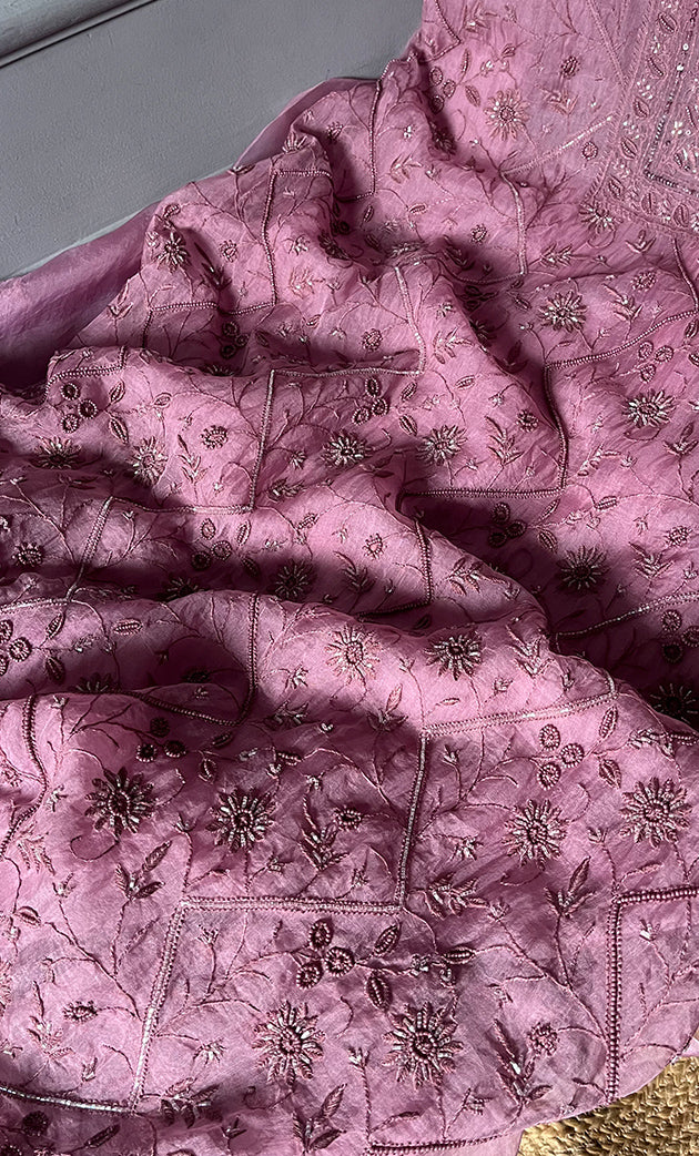 Women's Lakhnavi Handcrafted Pure Organza Chikankari Unstitched Kurta And Dupatta Set- HONC0274532