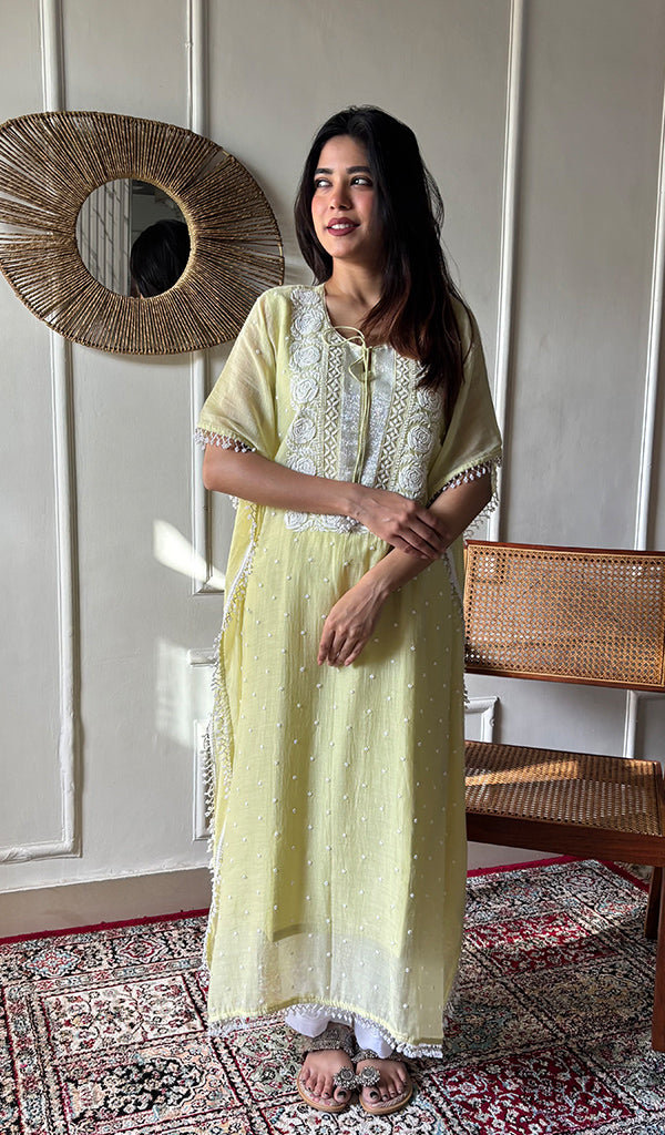 Women's Lucknowi Handcrafted Mul chanderi Chikankari Kaftan - HONC0164615