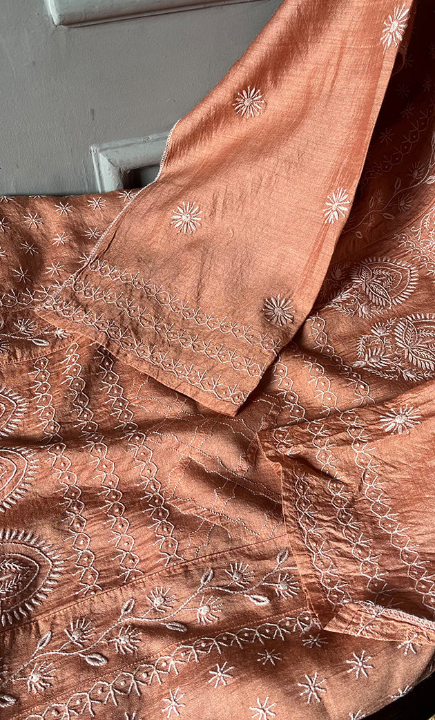Women's Lakhnavi Handcrafted Munga Silk Chikankari Unstitched Kurti Fabric - HONC0270476