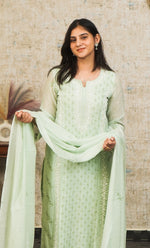 将图像加载到图库查看器中， Women&#39;s Lakhnavi Handcrafted Mul Chanderi Chikankari Stitched Kurta, Dupatta And Pant Set - HONC0321289
