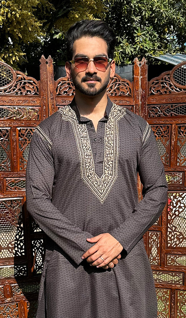 Men's Lucknowi Handcrafted Cotton Chikankari Kurta - HONC0327339