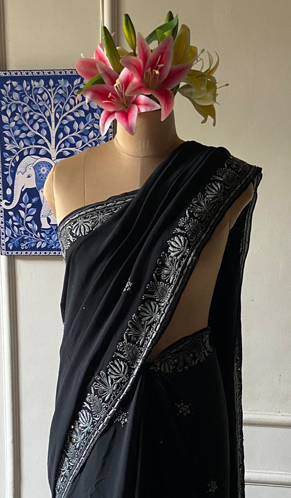 Women's Lakhnavi Handcrafted Pure Silk Georgette Chikankari Saree - HONC0274172